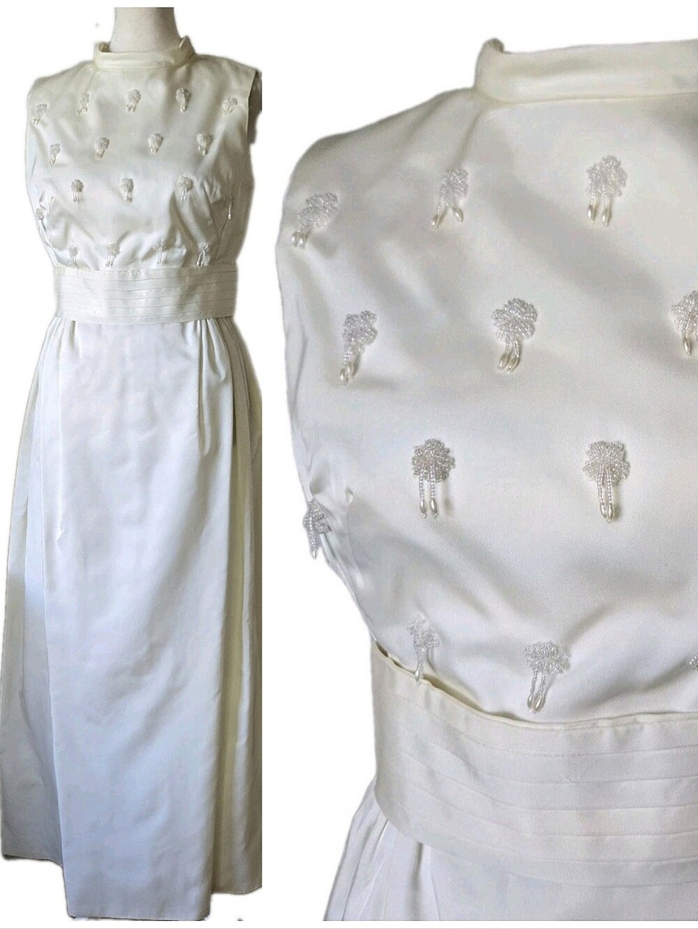 Vtg 60s 70s Ivory Bead + Pearl Embellished Wedding Gown, S